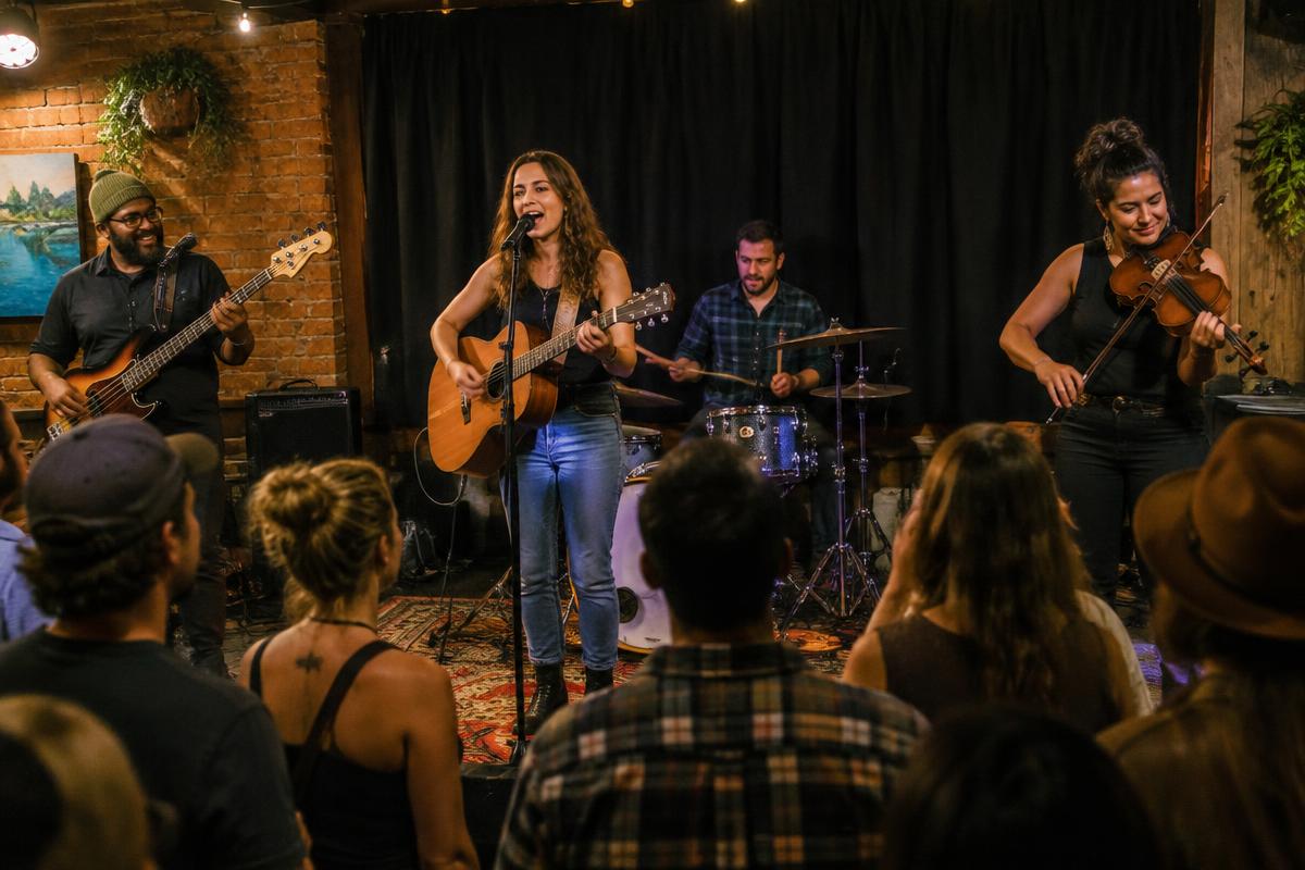 A local band performing for a crowd at an intimate venue